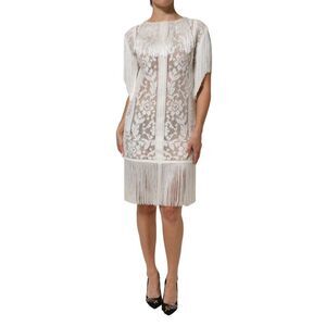 Dolce & Gabbana White Floral Lace Fringe Knee Length Women's Dress